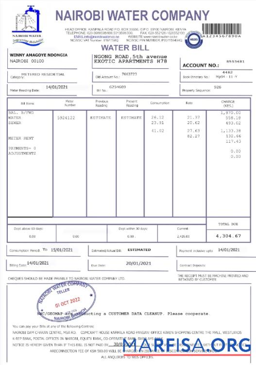 Realistic KENYA NAIROBI WATER utility bill Word and PDF template